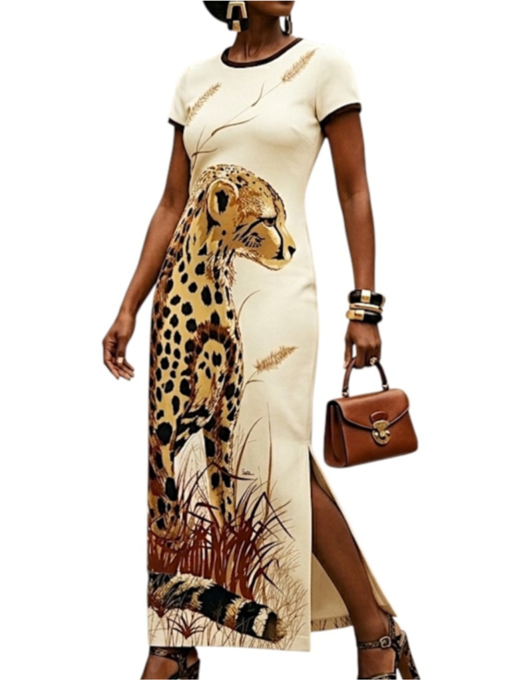 Vtg 70s Alfred Shaheen cream polyester screen print cheetah resort maxi dress 8